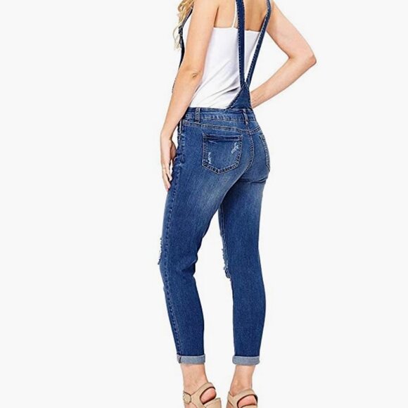 Wax Jean ankle length skinny leg stretch distressed denim overalls. Size S - Picture 3 of 12